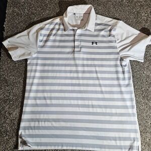Under Armour Mens 2XL HeatGear Coldblack Striped Polo Shirt White Grey Loose Fit
